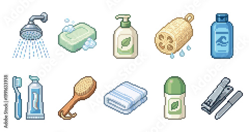 A collection of pixel art icons representing various bathroom hygiene and personal care items, perfect for digital interfaces, games, or design projects.
