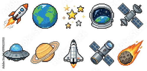 A collection of pixel art icons depicting various space elements including a rocket, planet Earth, stars, astronaut helmet, satellites, a UFO, Saturn, a shuttle, and a meteorite.