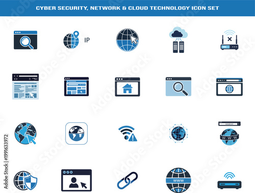 Network and internet security icon set with global connectivity website protection browser search and secure link symbols.