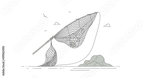 Fishing Net on Sandy Beach Shore.