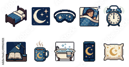 A collection of pixel art icons depicting elements of a nighttime routine, including a bed, moon, sleep mask, sleeping person, alarm clock, and more, all in a charming retro style.