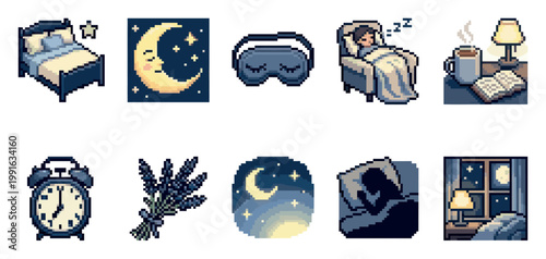 A collection of pixel art icons depicting elements of sleep and nighttime routines, including a bed, moon, sleep mask, person sleeping, coffee, alarm clock, lavender, and starry sky.