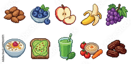 A collection of pixel art illustrations of healthy foods including fruits, nuts, oatmeal, avocado toast, smoothie, and hummus.