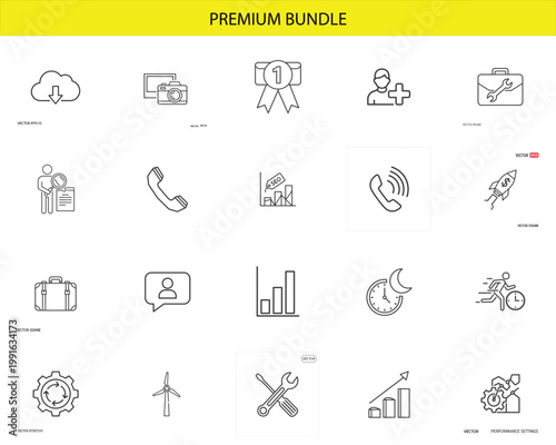 Premium bundle of modern line icons representing various digital tools and essential business functions.