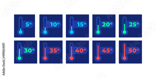 Thermometer temperature from 5 to 50 degrees neon dashboard UI element set. Environmental monitoring. Digital user interface component collection in futuristic style on dark background. HUD design