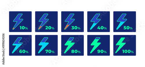 Energy lightning bolt charge neon dashboard UI element set. Power increase. Electricity usage. Digital user interface component collection in futuristic cyberpunk style on dark background. HUD design