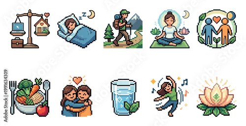 A collection of pixel art icons illustrating a balanced lifestyle including work-life balance healthy eating sleep meditation relationships and activity.