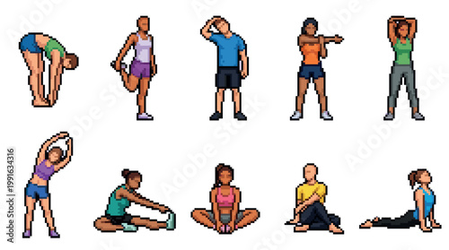A collection of diverse pixel art figures performing various stretching and exercise movements, isolated on a white background, perfect for fitness or sports graphics.