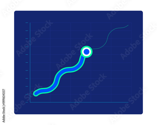 Wavy line graph with trend point neon dashboard UI element. Analytics insights. Performance tracking. Digital user interface component in futuristic cyberpunk style on dark background. HUD design