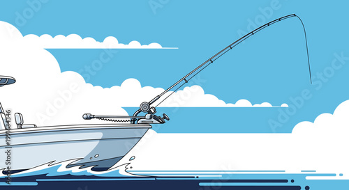 Fishing Rod Bent Over Boat, Catching Fish in the Ocean, Blue Sky.