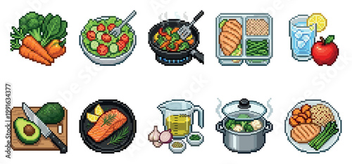 A collection of pixel art icons showcasing healthy foods, cooking processes, and prepared meals, perfect for digital design and health-related projects.