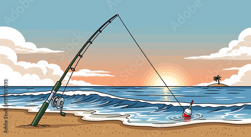 Fishing Rod on Sandy Beach Shore.