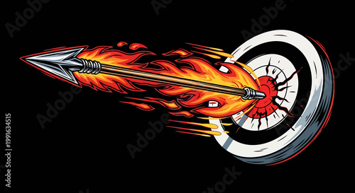 Flaming dart hitting clock target fast.