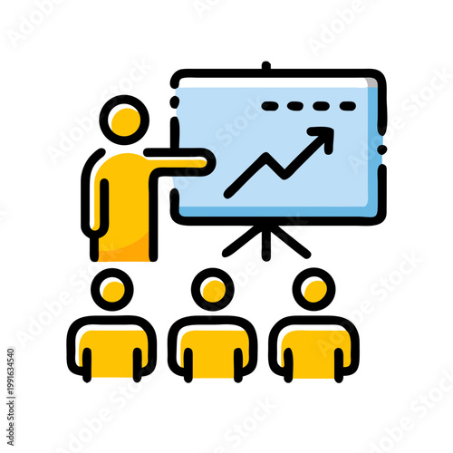 Business presentation with chart showing growth to attentive audience