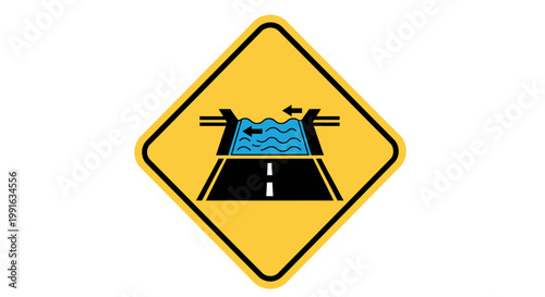 Flooded Road Warning Traffic Sign Symbol.