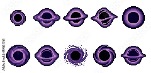A collection of ten pixel art black holes in shades of purple and black, showcasing different shapes and forms against a white background, ideal for digital art and game design.