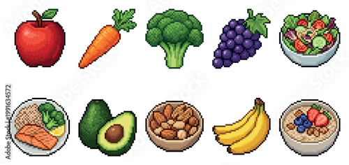Collection of pixel art icons representing a healthy lifestyle, featuring fresh fruits, vegetables, nuts, and nutritious meals.