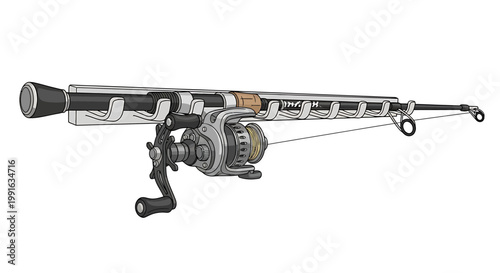 Fishing rod with spinning reel closeup.