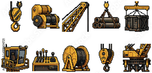 A collection of pixel art icons featuring yellow and brown construction crane parts, winches, hooks, and control panels, perfect for games or infographics.