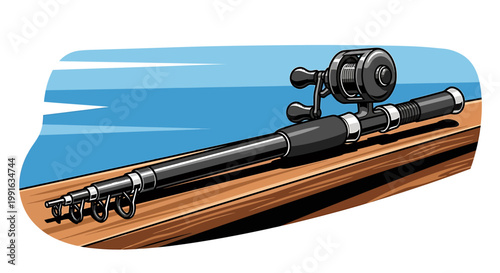 Fishing rod with reel on dock.