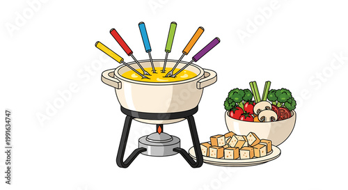 Fondue pot with bread and vegetables.