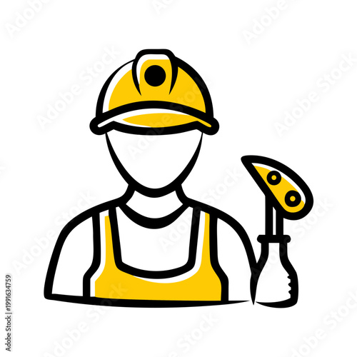 Worker in hard hat and overalls with tool on gray checkered background