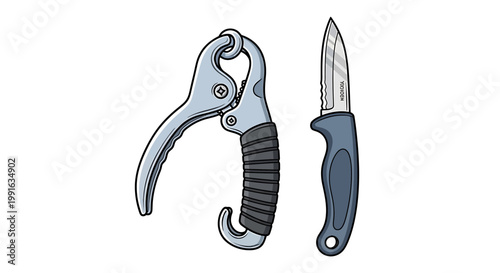 Fishing tools including a gripper and a knife.
