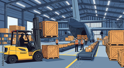 Forklift moving cargo crates in a busy warehouse interior scene.