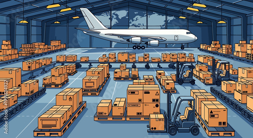 Forklift moving cargo in warehouse loading.