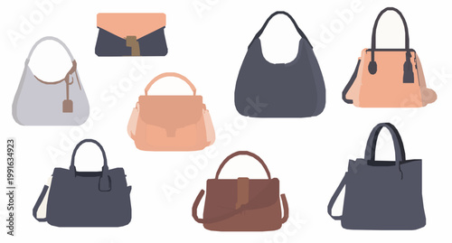 Modern ladies handbag collection with pastel fashion purses clutches and hobo bags flat vector illustration