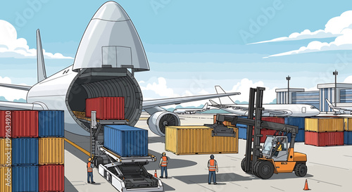 Forklift loading shipping containers airplane.