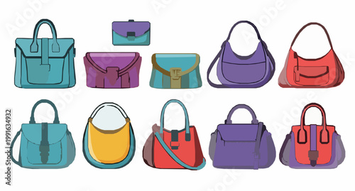 Colorful women fashion bags vector set with cartoon flat handbags clutches and casual shopper accessories