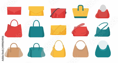 Trendy women handbags vector set with colorful flat cartoon purses clutches and shopper bags isolated