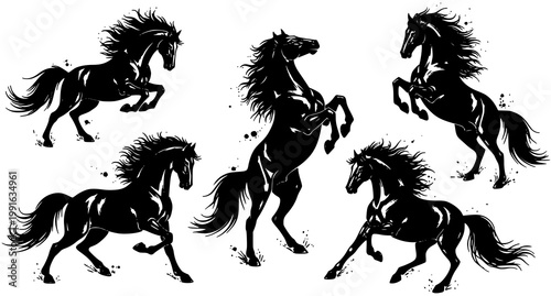 Expressive ink brush horse vector illustration set with bold Chinese painting style and dynamic poses