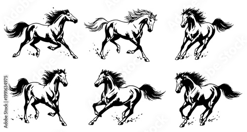Traditional Chinese ink horse vector set with dynamic running and rearing brush painting style illustration