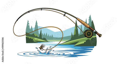 Fly Fishing Rod Casting Over Water with Fly and Reel.