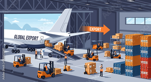 Forklifts Loading Cargo Containers Airplane.