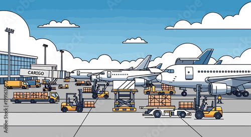Forklifts loading cargo onto airplanes.