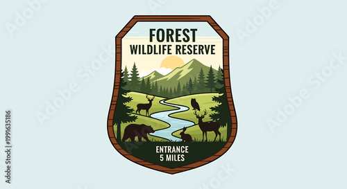 Forest Wildlife Reserve Emblem Depicting Nature and Animals Scene.