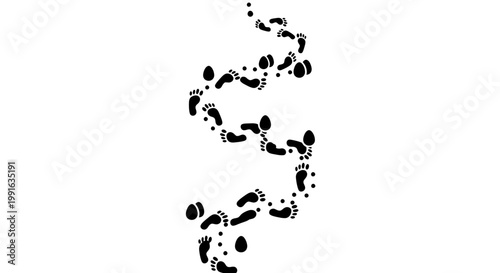 Footprints in a trail, walking in a winding path, isolated on white background.