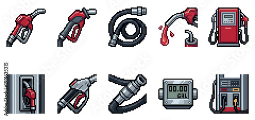 A collection of pixel art icons featuring various gasoline pumps, hoses, and dispensers in a retro video game style, perfect for digital design projects.