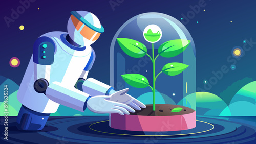 Futuristic space gardening an astronaut nurturing a plant in a protective dome