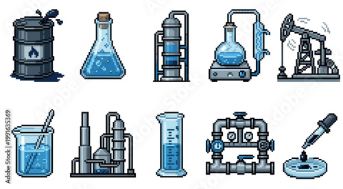 A collection of pixel art illustrations representing elements of the chemistry and oil industries, including equipment like barrels, flasks, and pumps.