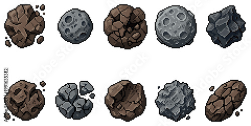 A collection of ten pixel art objects featuring various asteroids and rocks in shades of grey and brown, ideal for game development or graphic design.