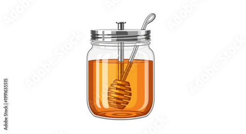 Glass jar filled with golden honey and wooden dipper.