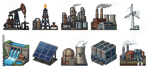 A collection of pixel art illustrations depicting various energy production facilities, including oil rigs, factories, and renewable energy sources like wind turbines and solar panels.