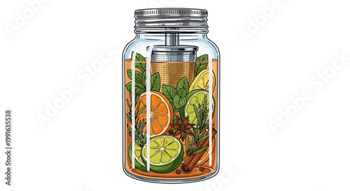 Glass jar filled with infused water and fresh fruit slices.