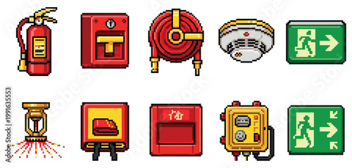 A collection of pixel art illustrations depicting various fire safety equipment, including a fire extinguisher, hose, alarm, sprinkler, and exit signs, set against a clean white background.