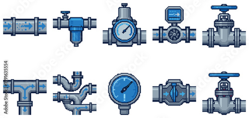 Collection of pixel art elements representing a plumbing system, including pipes, valves, gauges, and filters, with visible water flow in blue.