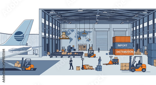 Forklift operators loading cargo airplane warehouse.